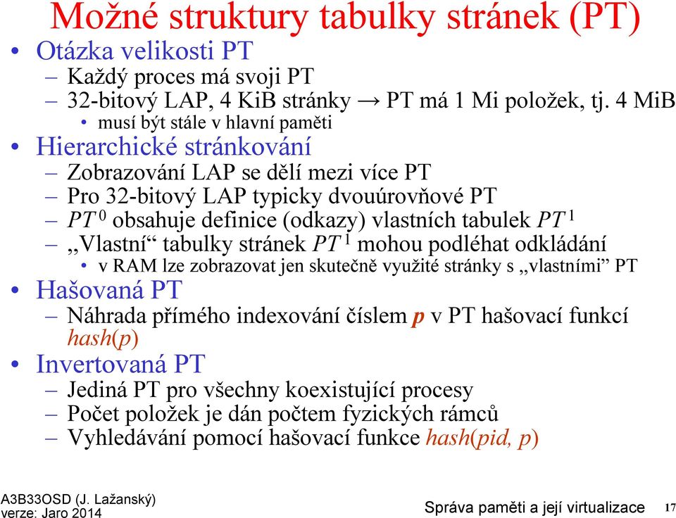 vlastních tabulek PT,,Vlastní tabulky stránek PT mohou podléhat odkládání v RAM lze zobrazovat jen skutečně využité stránky s,,vlastními PT Hašovaná PT Náhrada přímého