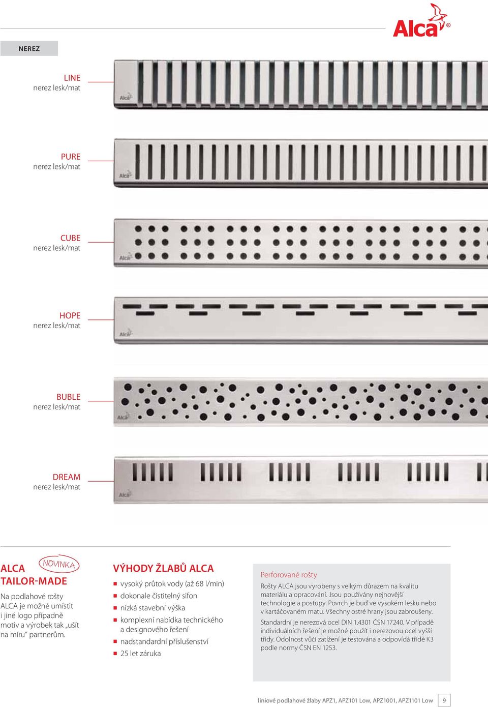VÝHODY ŽLABŮ ALCA vysoký průtok vody (až 68 l/min) dokonale čistitelný sifon nízká stavební výška komplexní nabídka technického a designového řešení nadstandardní příslušenství 25 let záruka
