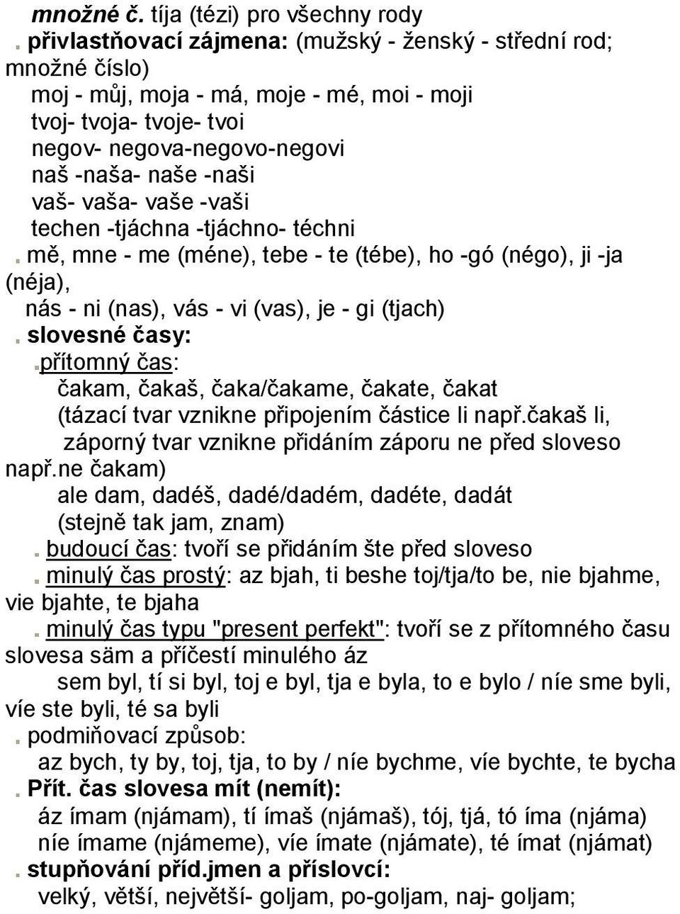 -naša- naše -naši vaš- vaša- vaše -vaši techen -tjáchna -tjáchno- téchni mě, mne - me (méne), tebe - te (tébe), ho -gó (négo), ji -ja (néja), nás - ni (nas), vás - vi (vas), je - gi (tjach) slovesné