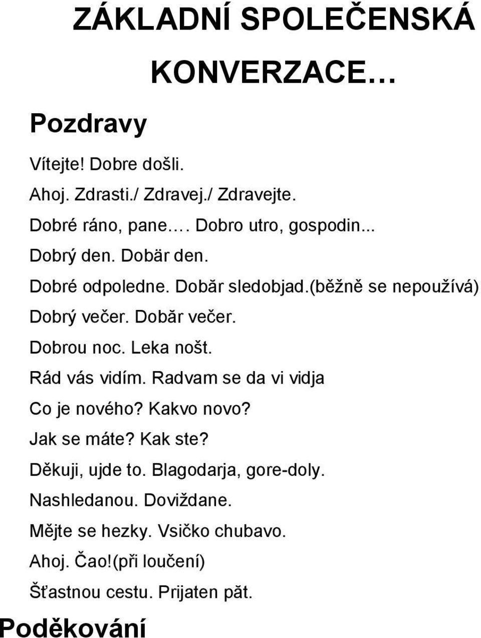 Dobrou noc. Leka nošt. Rád vás vidím. Radvam se da vi vidja Co je nového? Kakvo novo? Jak se máte? Kak ste? Děkuji, ujde to.