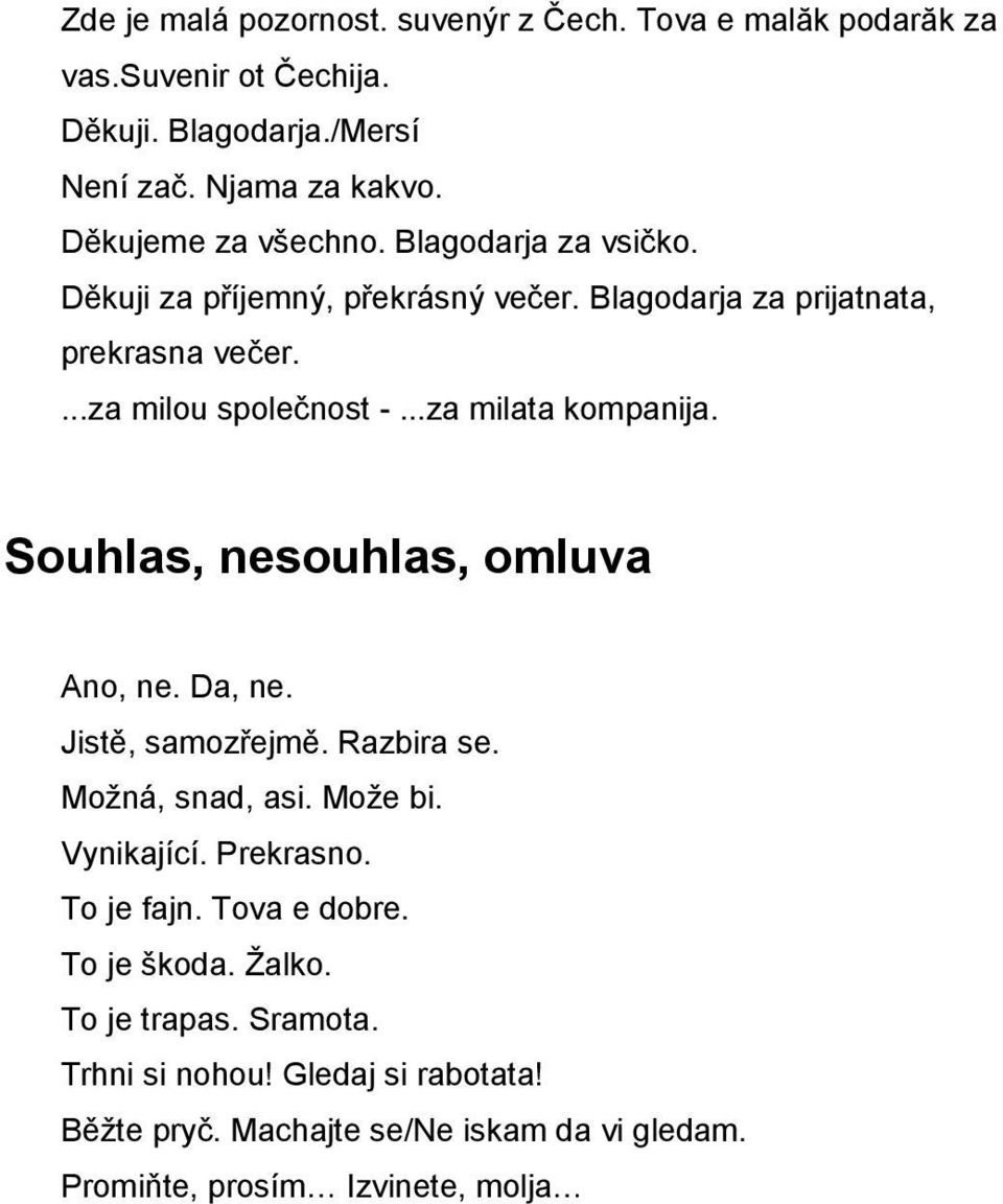 ..za milata kompanija. Souhlas, nesouhlas, omluva Ano, ne. Da, ne. Jistě, samozřejmě. Razbira se. Moţná, snad, asi. Moţe bi. Vynikající. Prekrasno.