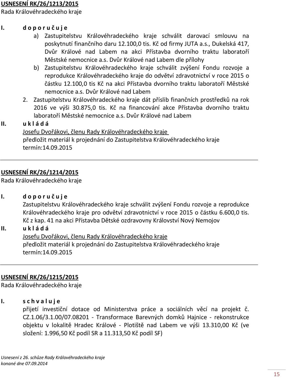 100,0 tis Kč na akci Přístavba dvorního traktu laboratoří Městské nemocnice a.s. Dvůr Králové nad Labem 2.