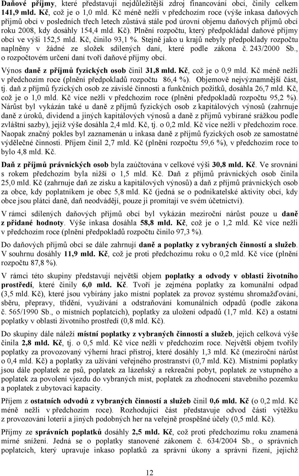 Plnění rozpočtu, který předpokládal daňové příjmy obcí ve výši 152,5 mld. Kč, činilo 93,1 %.