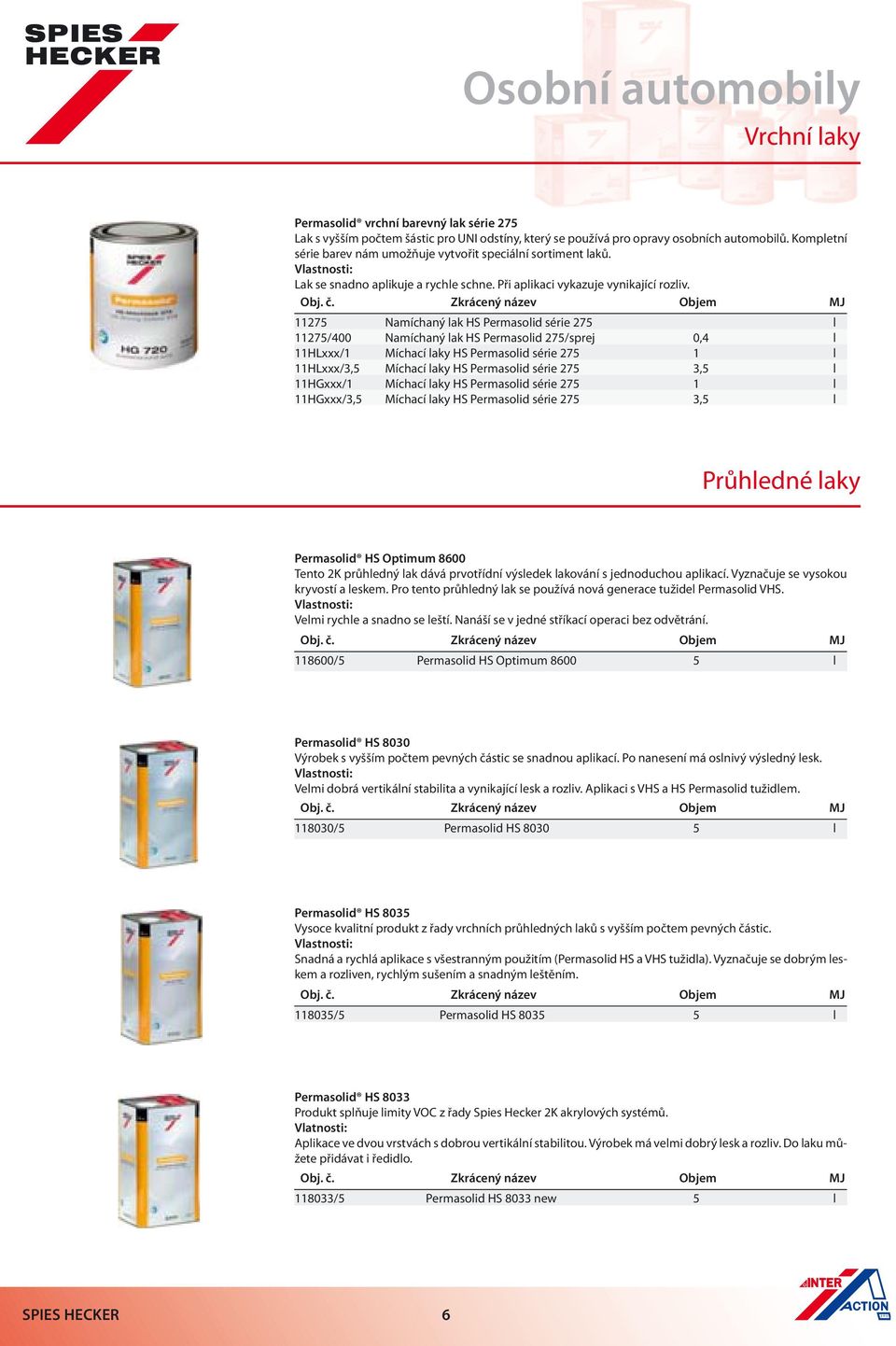 Zkrácený název Objem MJ 11275 Namíchaný lak HS Permasolid série 275 l 11275/400 Namíchaný lak HS Permasolid 275/sprej 0,4 l 11HLxxx/1 Míchací laky HS Permasolid série 275 1 l 11HLxxx/3,5 Míchací laky