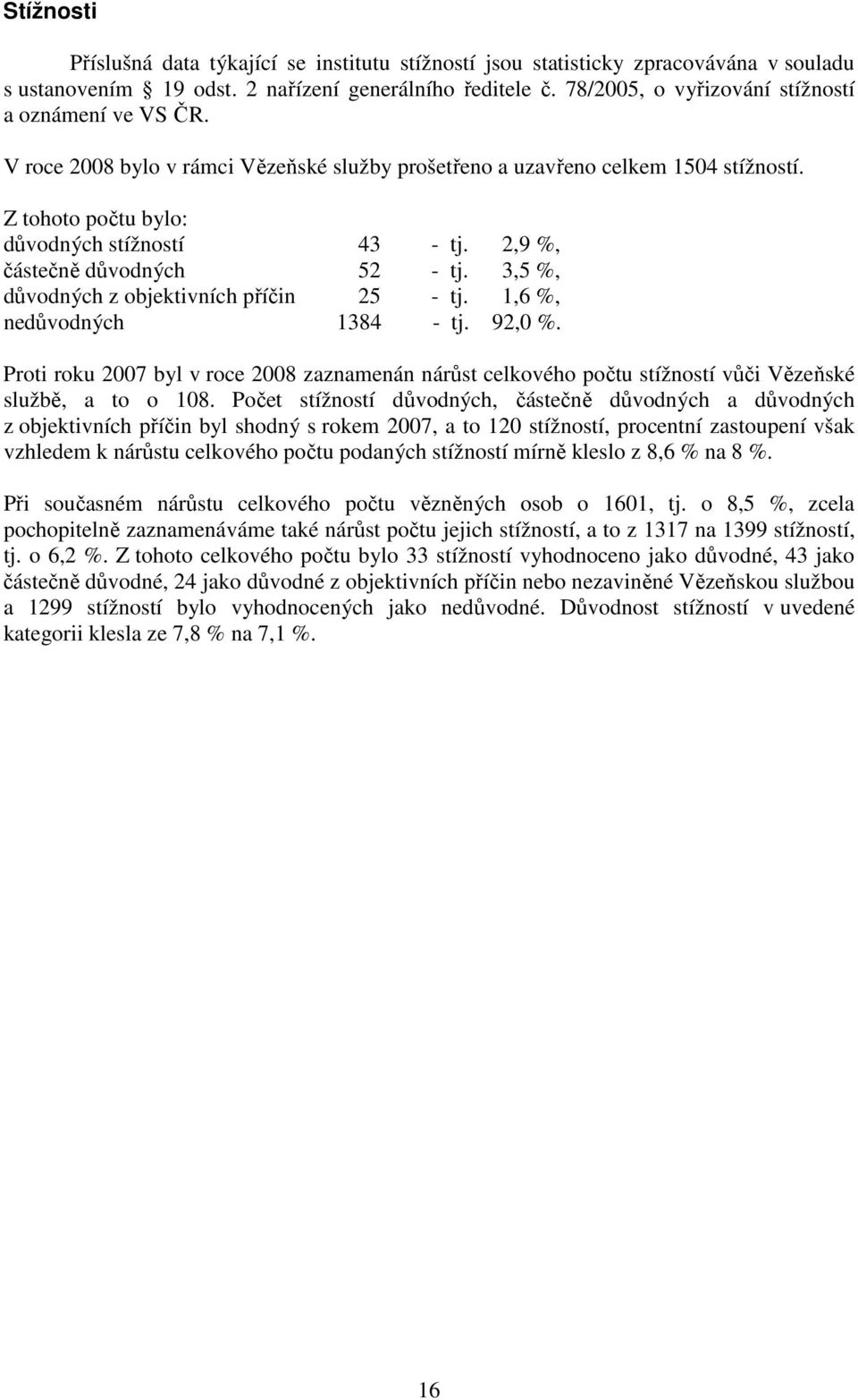 2,9 %, částečně důvodných 52 - tj. 3,5 %, důvodných z objektivních příčin 25 - tj. 1,6 %, nedůvodných 1384 - tj. 92,0 %.