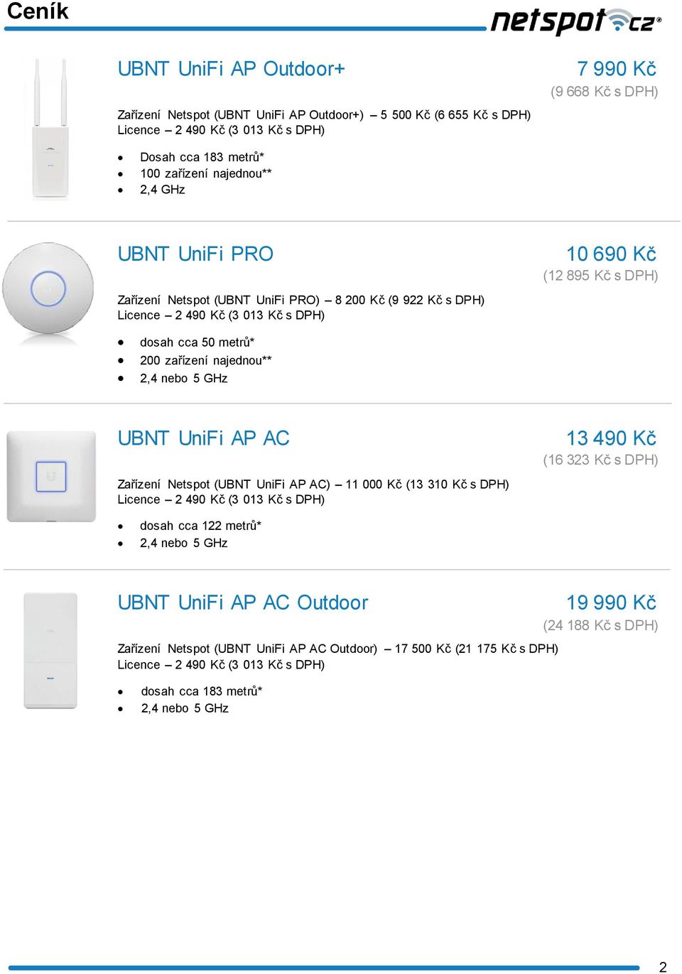 najednou** 2,4 nebo 5 GHz UBNT UniFi AP AC Zařízení Netspot (UBNT UniFi AP AC) 11 000 Kč (13 310 Kč s DPH) 13 490 Kč (16 323 Kč s DPH) dosah cca 122 metrů* 2,4