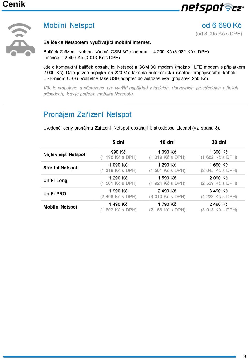 Kč). Dále je zde přípojka na 220 V a také na autozásuvku (včetně propojovacího kabelu USB-micro USB). Volitelně také USB adapter do autozásuvky (příplatek 250 Kč).