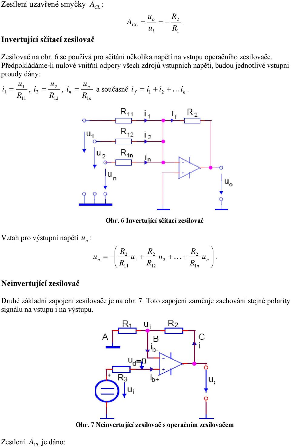 n Obr 6 Invertující sčítací zeslvač Vztah pr výstupní napětí u : u R R R = u + u + + u n R R R n Nenvertující zeslvač Druhé základní zapjení zeslvače