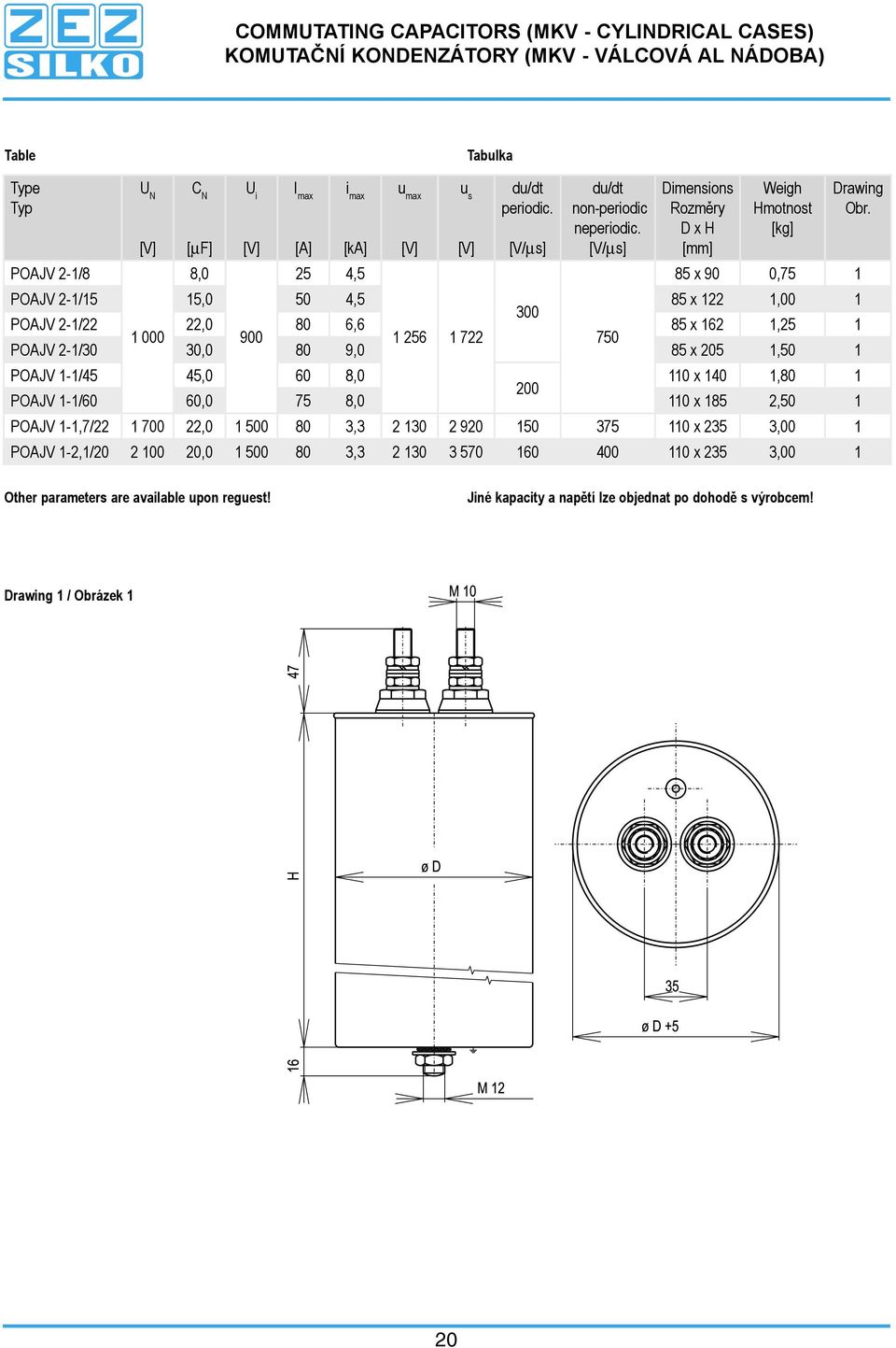 [V/ s] Dimensions Rozměry D x H Weigh Hmotnost [kg] POAJV 2-1/15 15,0 50 4,5 85 x 122 1,00 1 300 POAJV 2-1/22 22,0 80 6,6 85 x 162 1,25 1 1 000 900 1 256 1 722 750 POAJV 2-1/30 30,0 80 9,0 85 x 205