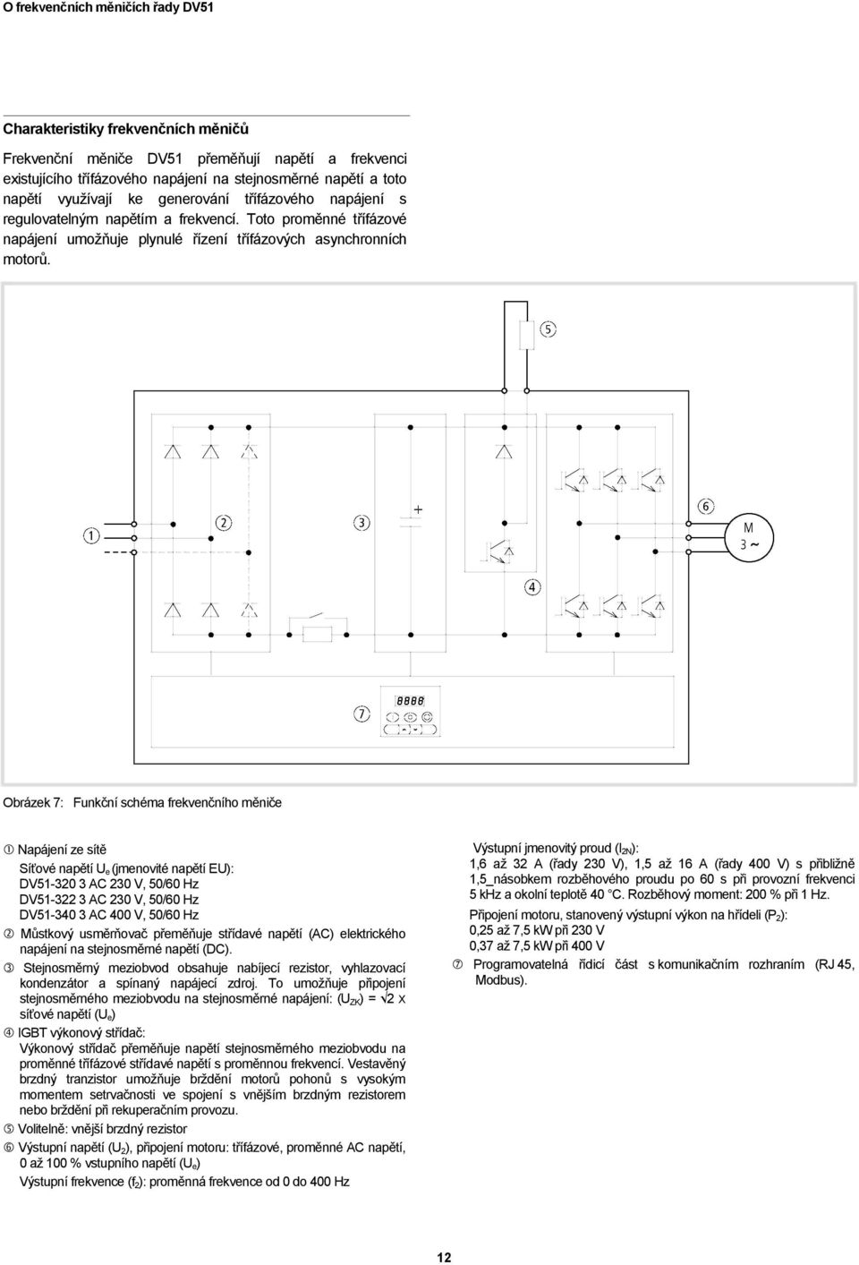 Obrázek 7: Funkční schéma frekvenčního měniče Napájení ze sítě Síťové napětí U e (jmenovité napětí EU): DV51-320 3 AC 230 V, 50/60 Hz DV51-322 3 AC 230 V, 50/60 Hz DV51-340 3 AC 400 V, 50/60 Hz
