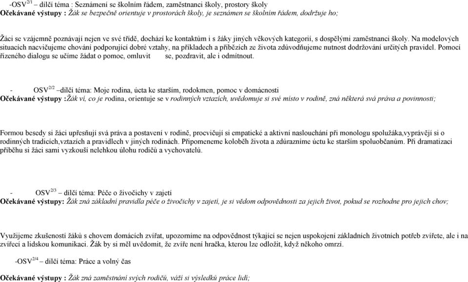 Na modelových situacích nacvičujeme chování podporující dobré vztahy, na příkladech a příbězích ze života zdůvodňujeme nutnost dodržování určitých pravidel.