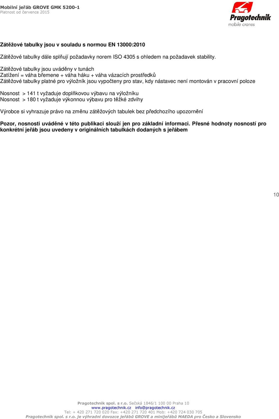 montován v pracovní poloze Nosnost > 141 t vyžaduje doplňkovou výbavu na výložníku Nosnost > 180 t vyžaduje výkonnou výbavu pro těžké zdvihy Výrobce si vyhrazuje právo na změnu