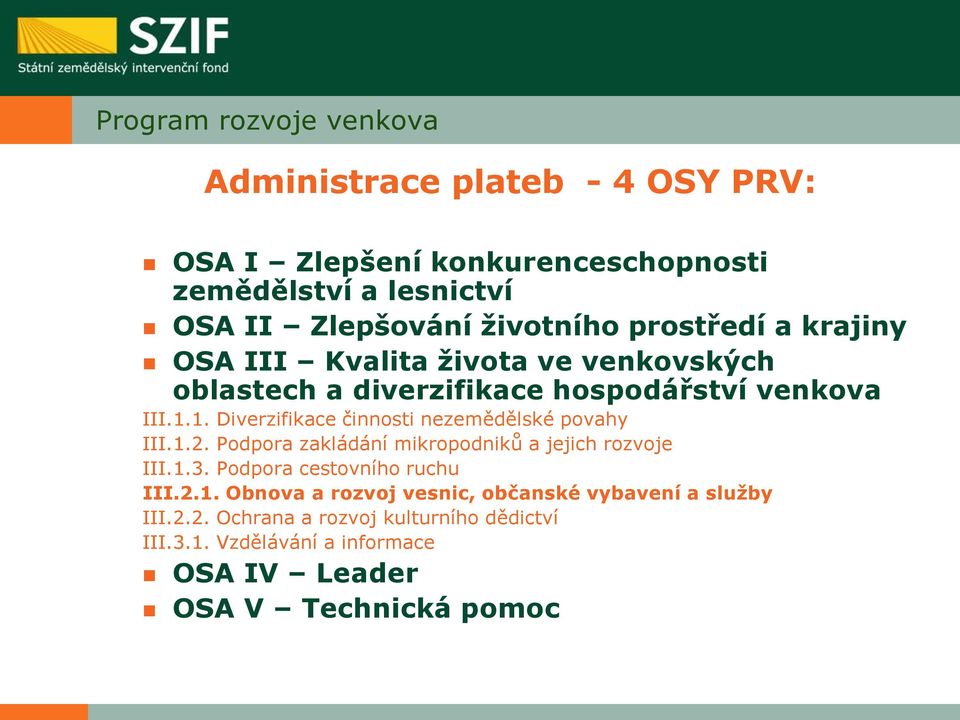 1. Diverzifikace činnosti nezemědělské povahy III.1.2. Podpora zakládání mikropodniků a jejich rozvoje III.1.3.