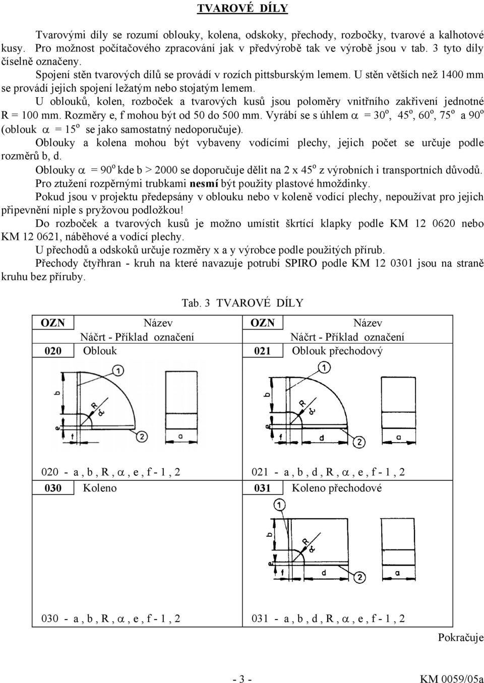 U oblouků, kolen, rozboček a tvarových kusů jsou poloměry vnitřního zakřivení jednotné R = 100 mm. Rozměry e, f mohou být od 50 do 500 mm.