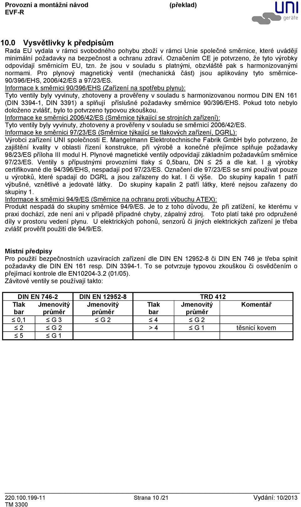 Pro plynový magnetický ventil (mechanická část) jsou aplikovány tyto směrnice- 90/396/EHS, 2006/42/ES a 97/23/ES.