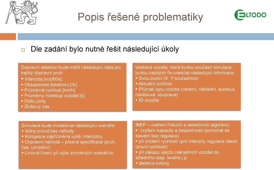 Aktuální rychlost Příznak typu vozidla (osobní, nákladní, autobus, návěsová souprava) ID vozidla Simulace bude modelovat následující scénáře: Volný proud bez nehody Kongesce zapříčiněná vyšší