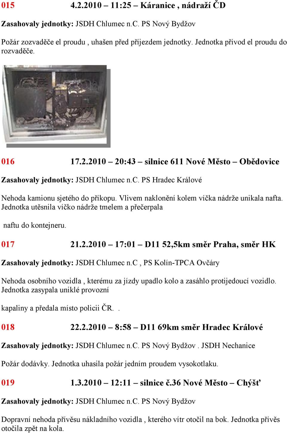 .2.2010 17:01 D11 52,5km směr Praha, směr HK, PS Kolín-TPCA Ovčáry Nehoda osobního vozidla, kterému za jízdy upadlo kolo a zasáhlo protijedoucí vozidlo.