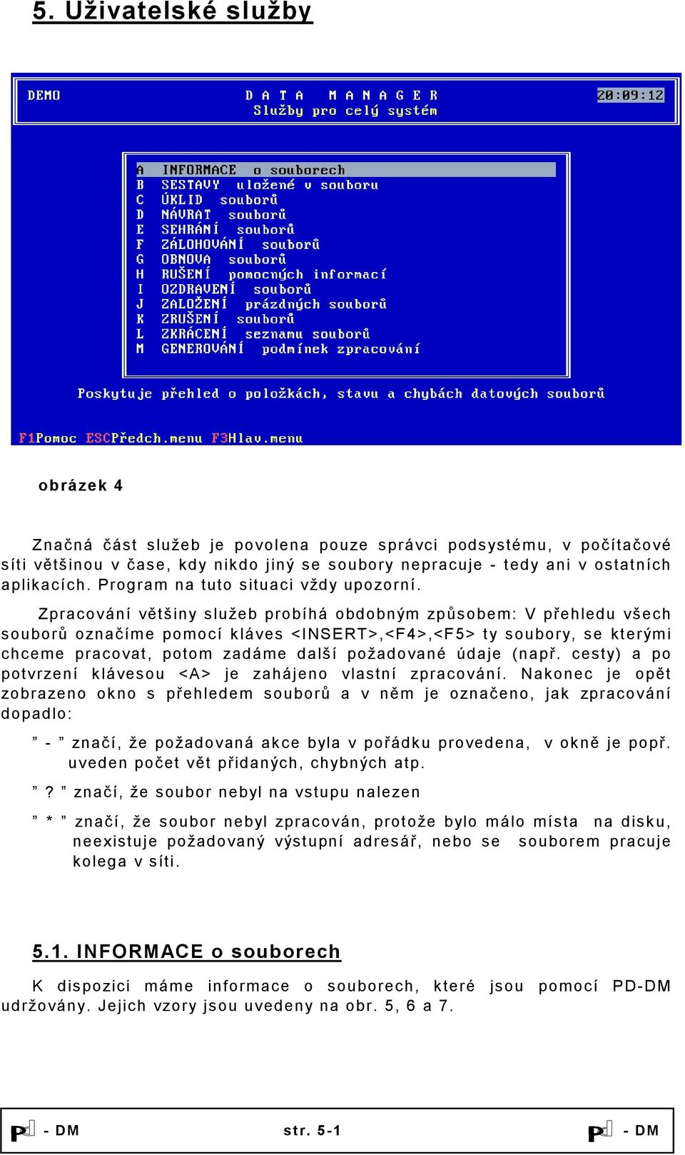 Zpracování většiny služeb probíhá obdobným způsobem: V přehledu všech souborů označíme pomocí kláves <INSERT>,<F4>,<F5> ty soubory, se kterými chceme pracovat, potom zadáme další požadované údaje