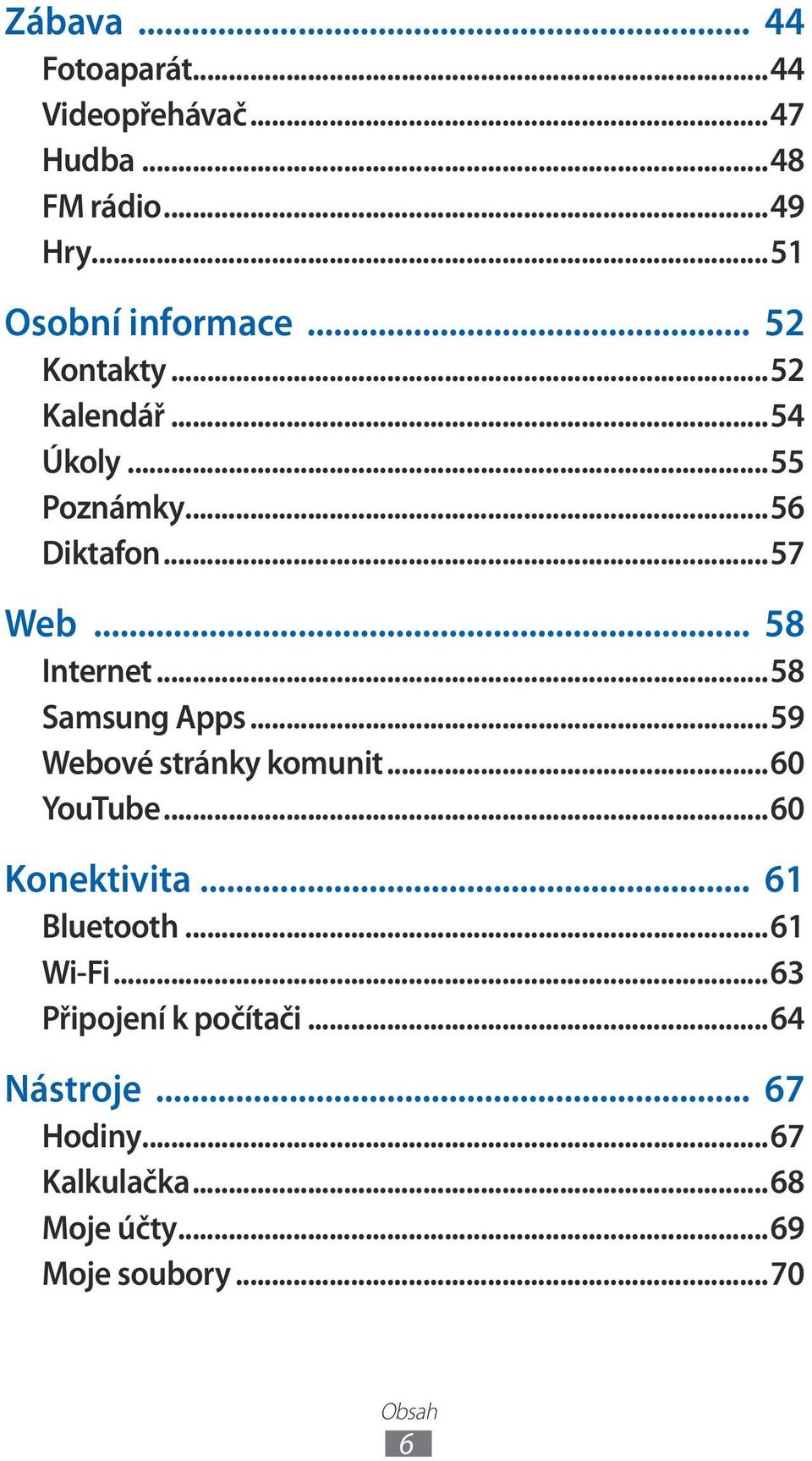 ..58 Samsung Apps...59 Webové stránky komunit...60 YouTube...60 Konektivita... 61 Bluetooth...61 Wi-Fi.