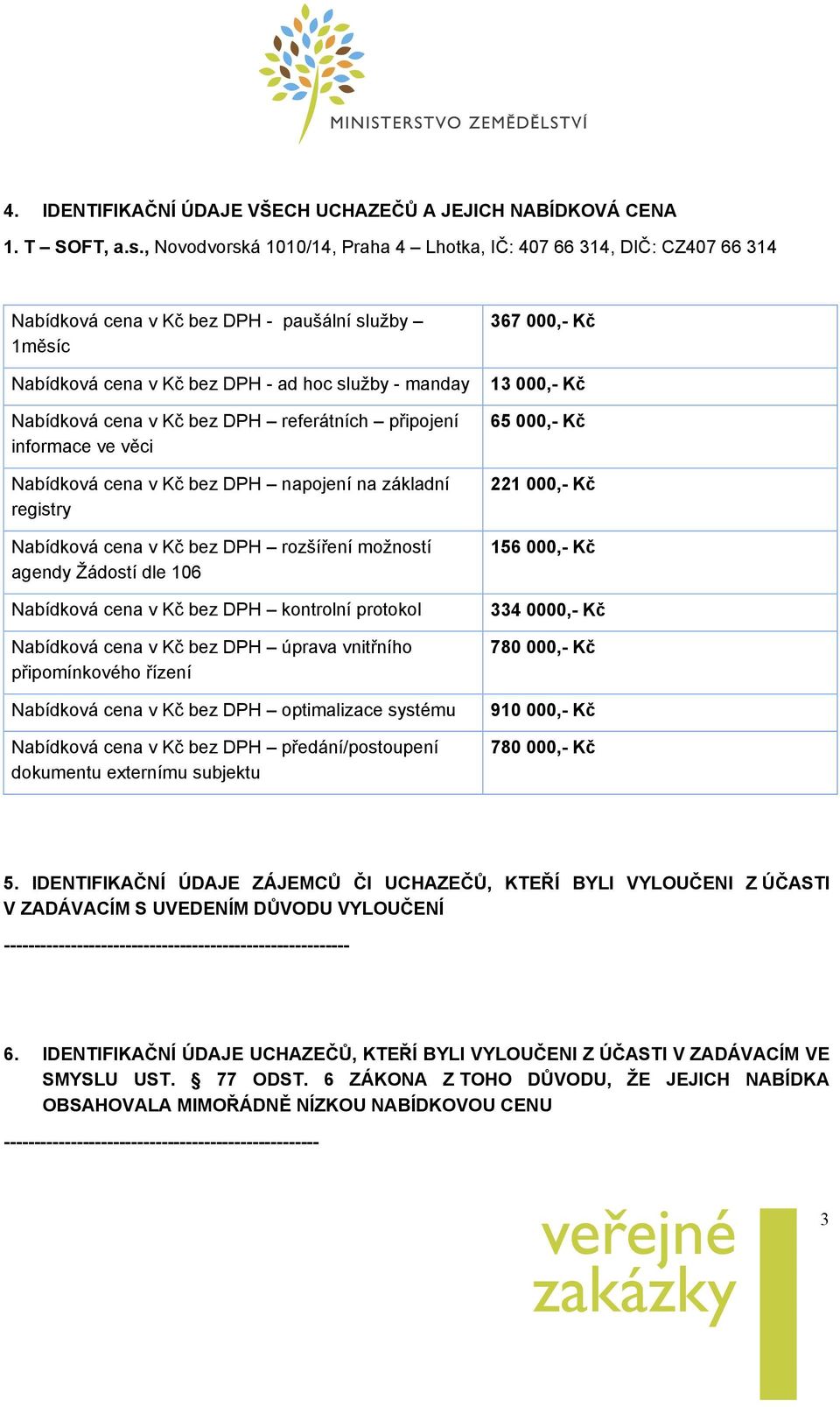 bez DPH referátních připojení informace ve věci Nabídková cena v Kč bez DPH napojení na základní registry Nabídková cena v Kč bez DPH rozšíření možností agendy Žádostí dle 106 Nabídková cena v Kč bez