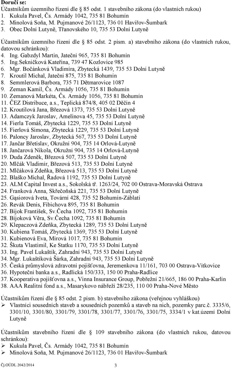 a) stavebního zákona (do vlastních rukou, datovou schránkou): 4. Ing. Gabzdyl Martin, Jateční 965, 735 81 Bohumín 5. Ing.Sekničková Kateřina, 739 47 Kozlovice 985 6. Mgr.