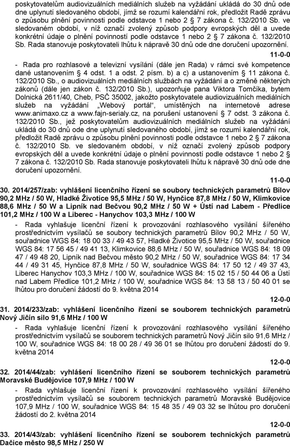 ve sledovaném období, v níž označí zvolený způsob podpory evropských děl a uvede konkrétní údaje o plnění povinností  Rada stanovuje poskytovateli lhůtu k nápravě 30 dnů ode dne doručení upozornění.