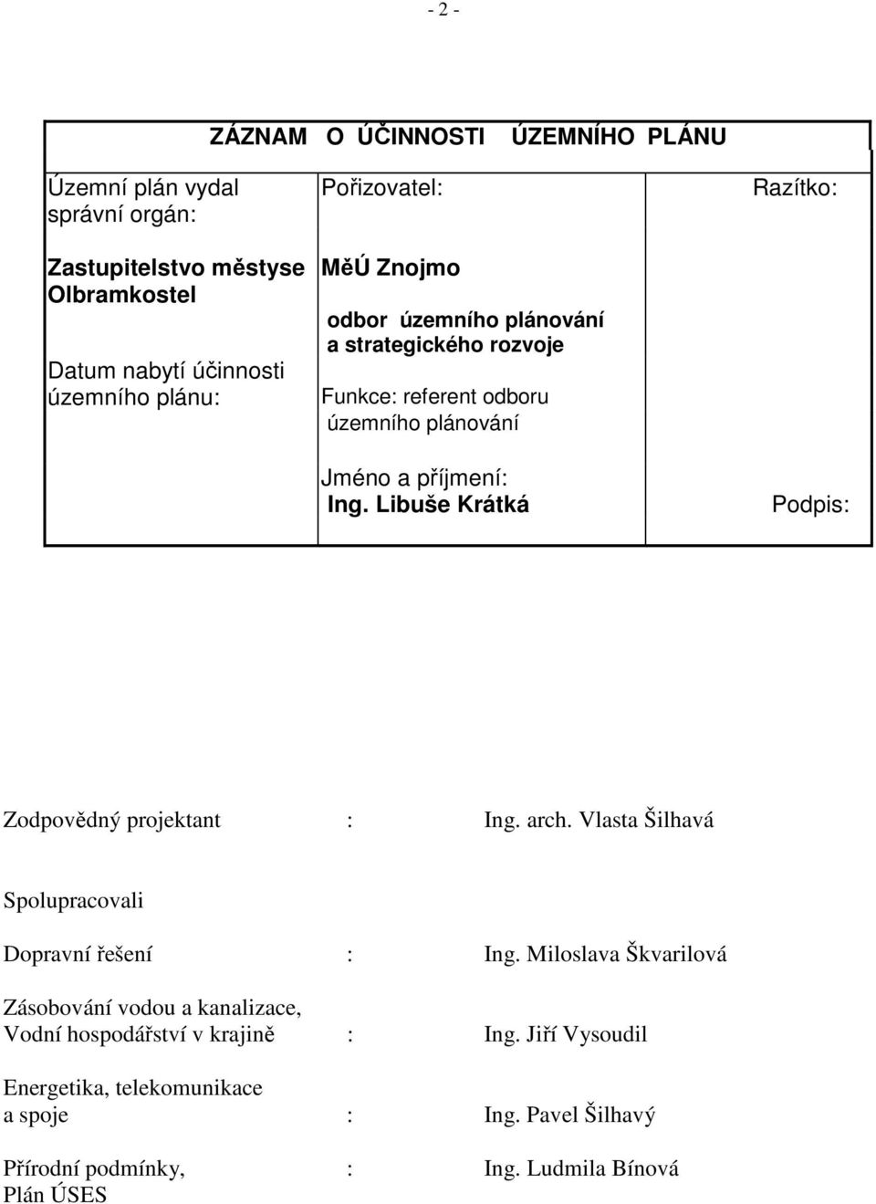 Libuše Krátká Razítko: Podpis: Zodpovědný projektant : Ing. arch. Vlasta Šilhavá Spolupracovali Dopravní řešení : Ing.