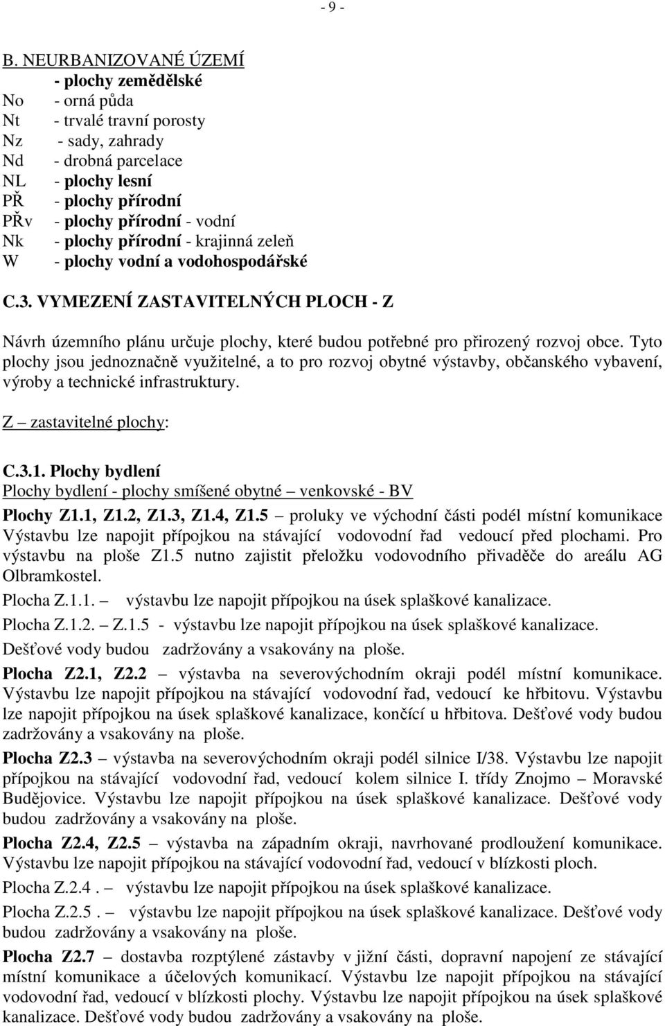 plochy přírodní - krajinná zeleň W - plochy vodní a vodohospodářské C.3. VYMEZENÍ ZASTAVITELNÝCH PLOCH - Z Návrh územního plánu určuje plochy, které budou potřebné pro přirozený rozvoj obce.