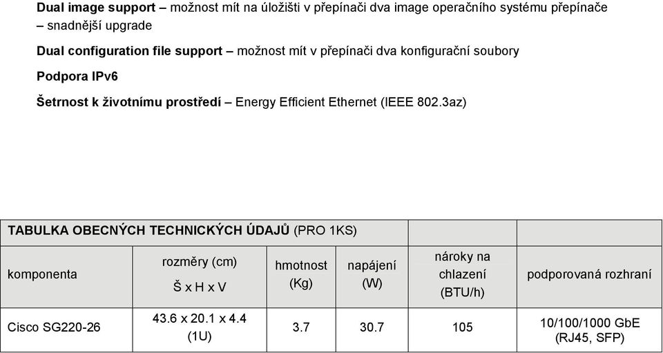 Efficient Ethernet (IEEE 802.3az) TABULKA OBECNÝCH TECHNICKÝCH ÚDAJŮ (PRO 1KS) komponenta Cisco SG220-26 rozměry (cm) ŠxHxV 43.