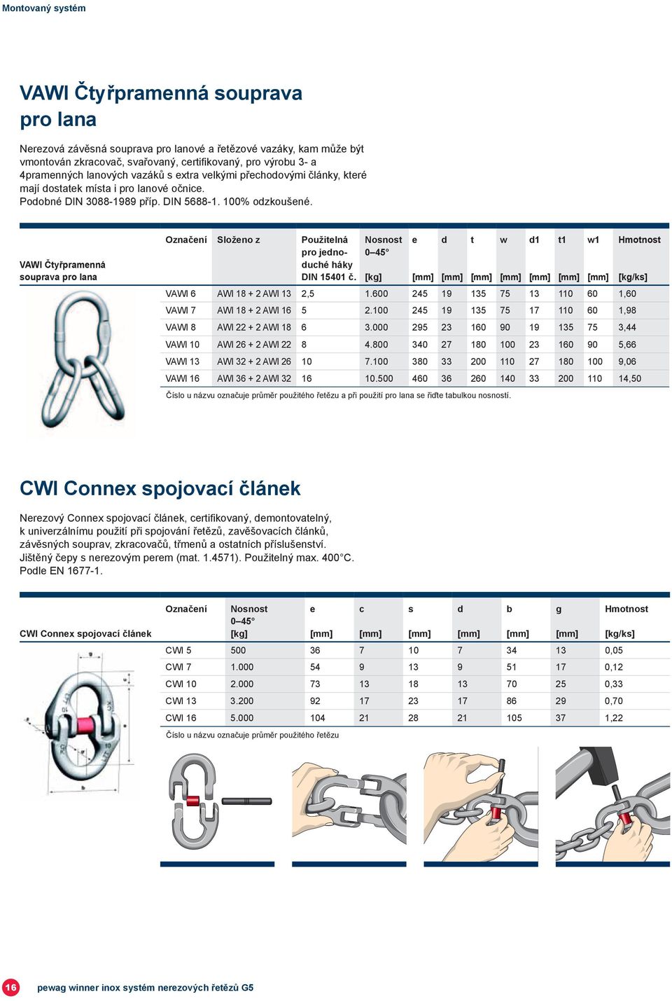 Označení Složeno z Nosnost Použitelná 0 45 pro jednoduché háky DIN 15401 č. [kg] e [kg/ks] VAWI 6 AWI 18 + 2 AWI 13 2,5 1.600 245 19 135 75 13 110 60 1,60 VAWI 7 AWI 18 + 2 AWI 16 5 2.