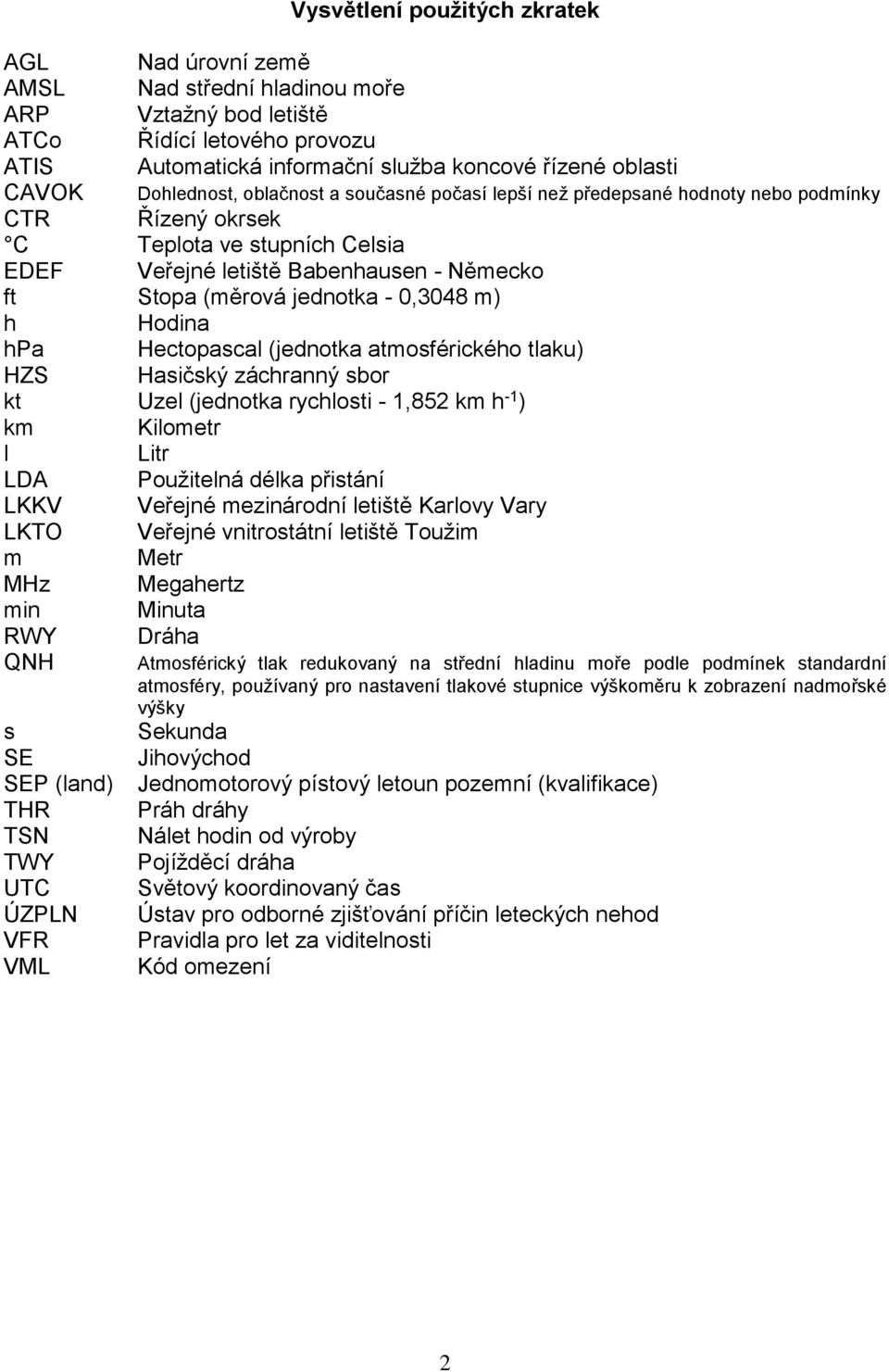 záchranný sbor kt Uzel (jednotka rychlosti - 1,852 km h -1 ) km Kilometr l Litr LDA Použitelná délka přistání LKKV Veřejné mezinárodní letiště Karlovy Vary LKTO Veřejné vnitrostátní letiště Toužim m