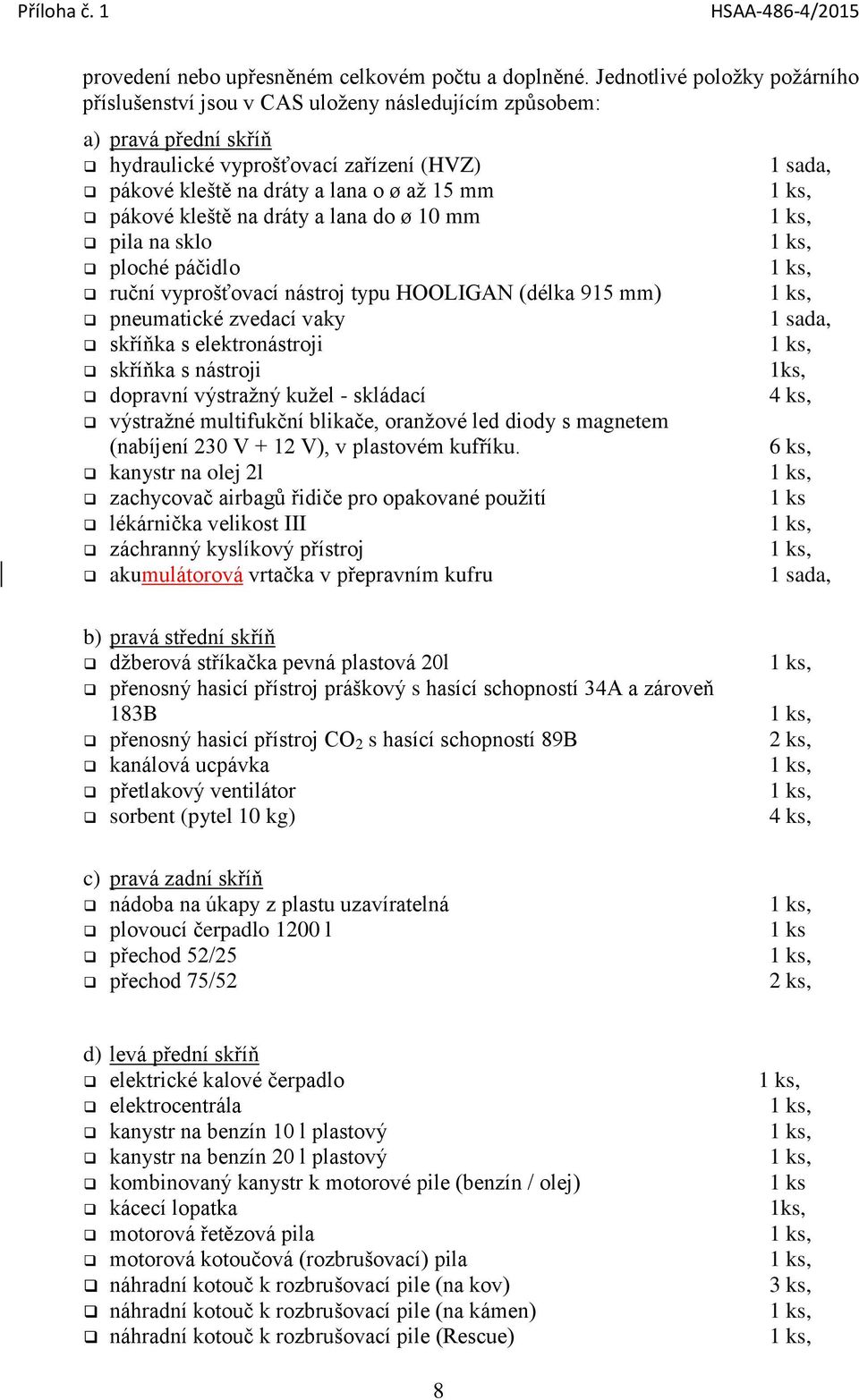 kleště na dráty a lana do ø 10 mm pila na sklo ploché páčidlo ruční vyprošťovací nástroj typu HOOLIGAN (délka 915 mm) pneumatické zvedací vaky skříňka s elektronástroji skříňka s nástroji dopravní