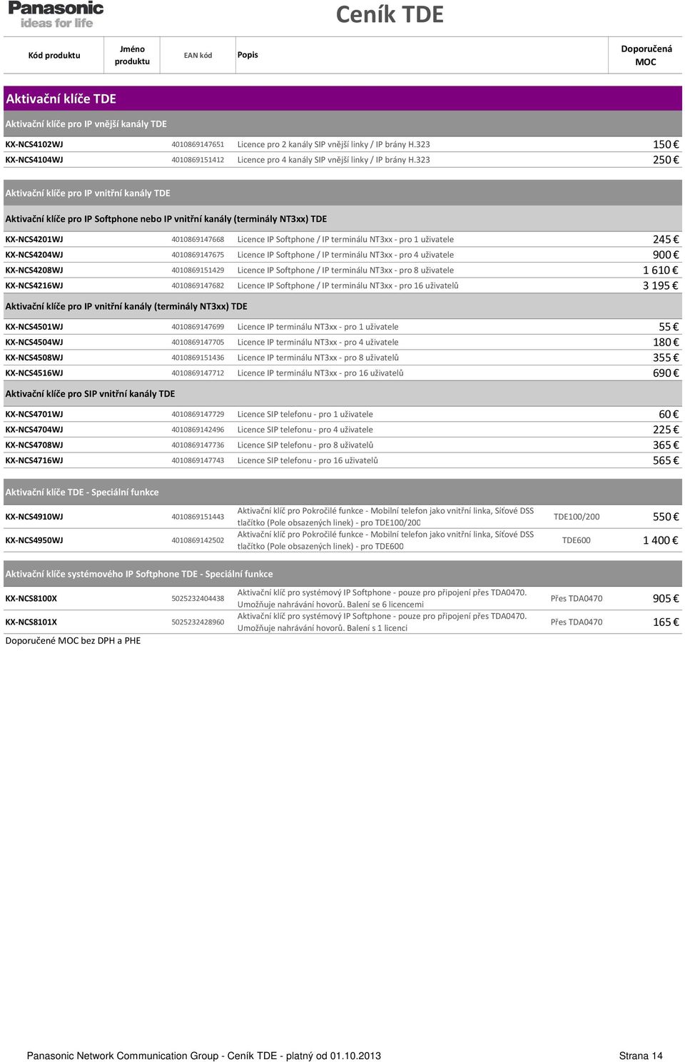 323 250 Aktivační klíče pro IP vnitřní kanály TDE Aktivační klíče pro IP Softphone nebo IP vnitřní kanály (terminály NT3xx) TDE KX-NCS4201WJ 4010869147668 Licence IP Softphone / IP terminálu NT3xx -