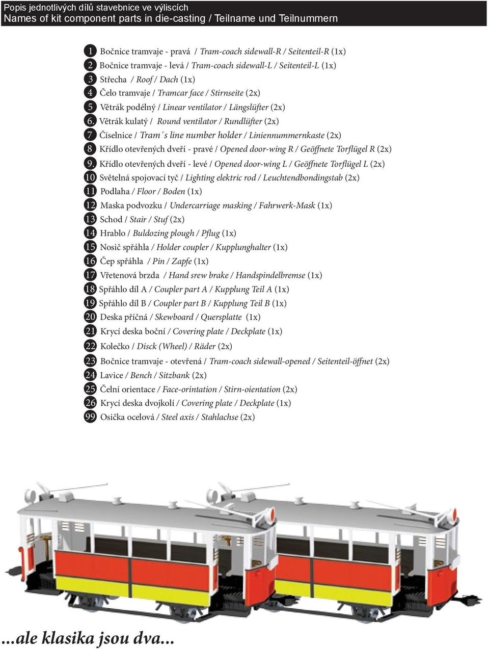 Větrák kulatý / Round ventilator / Rundlü er (2x) 7 Číselnice / Tram s line number holder / Liniennummernkaste (2x) 8 Křídlo otevřených dveří - pravé / Opened door-wing R / Geöffnete Torflügel R (2x)