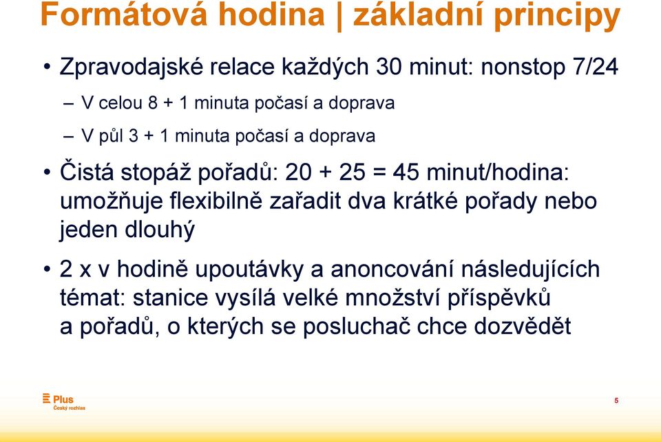 minut/hodina: umožňuje flexibilně zařadit dva krátké pořady nebo jeden dlouhý 2 x v hodině upoutávky a