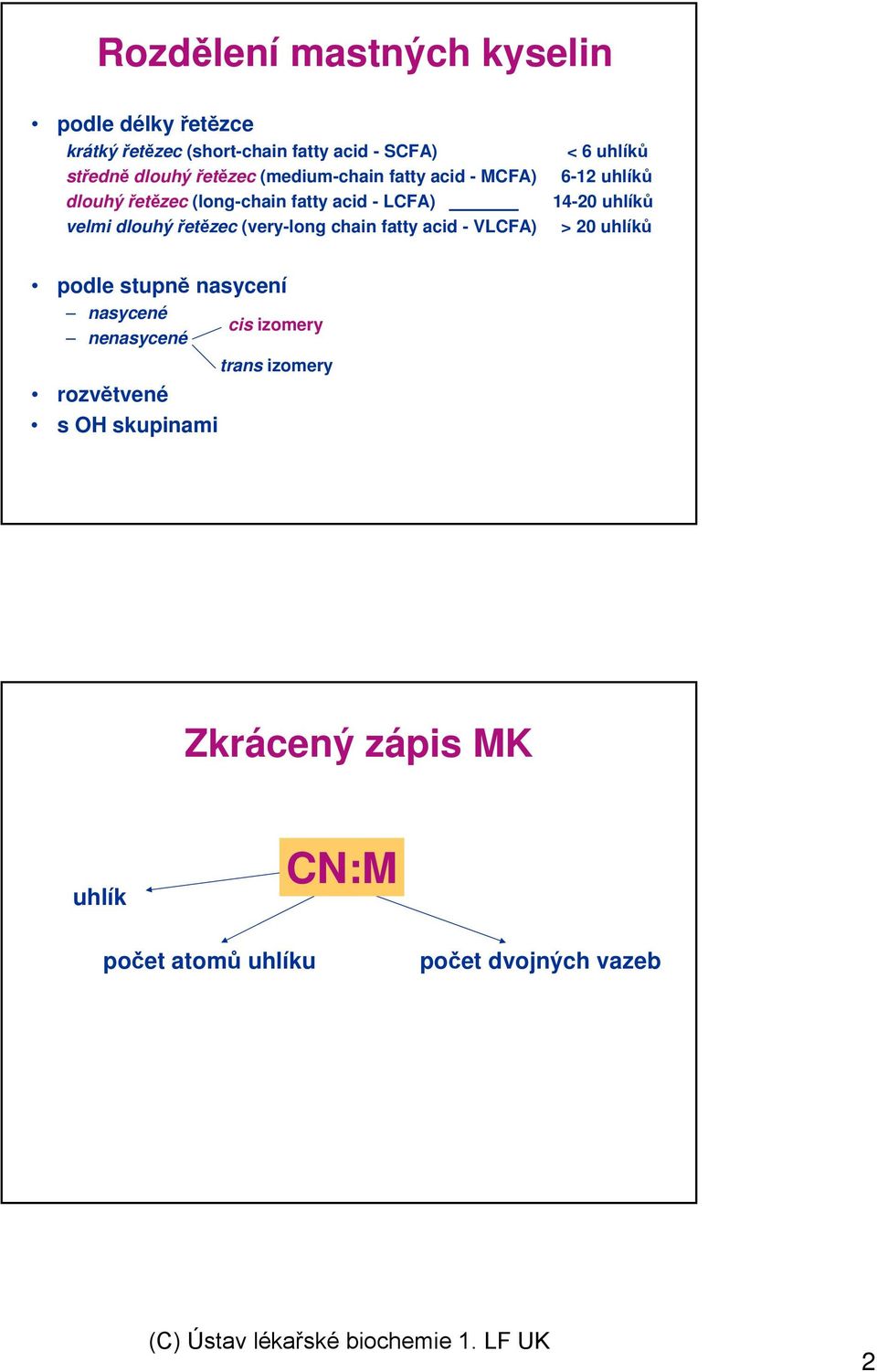 fatty acid - VLCFA) < 6 uhlíků 6-12 uhlíků 14-20 uhlíků > 20 uhlíků podle stupně nasycení nasycené cis izomery