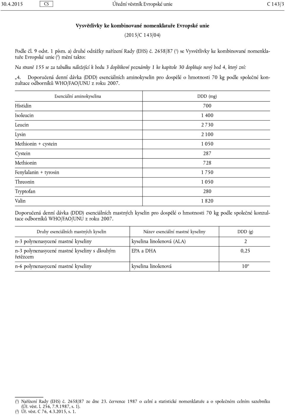 Esenciální aminokyselina DDD (mg) Histidin 700 Isoleucin 1 400 Leucin 2 730 Lysin 2 100 Methionin + cystein 1 050 Cystein 287 Methionin 728 Fenylalanin + tyrosin 1 750 Threonin 1 050 Tryptofan 280