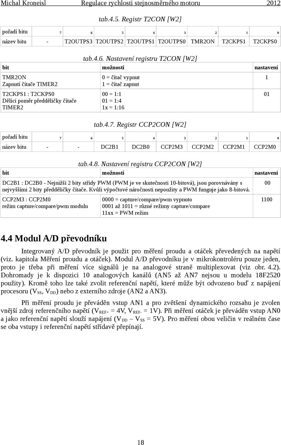 Nastavení registru T2CON [W2] bit možnosti nastavení TMR2ON Zapnutí čítače TIMER2 T2CKPS1 : T2CKPS0 Dělící poměr předděličky čítače TIMER2 0 = čítač vypnut 1 = čítač zapnut 00 = 1:1 01 = 1:4 1x =