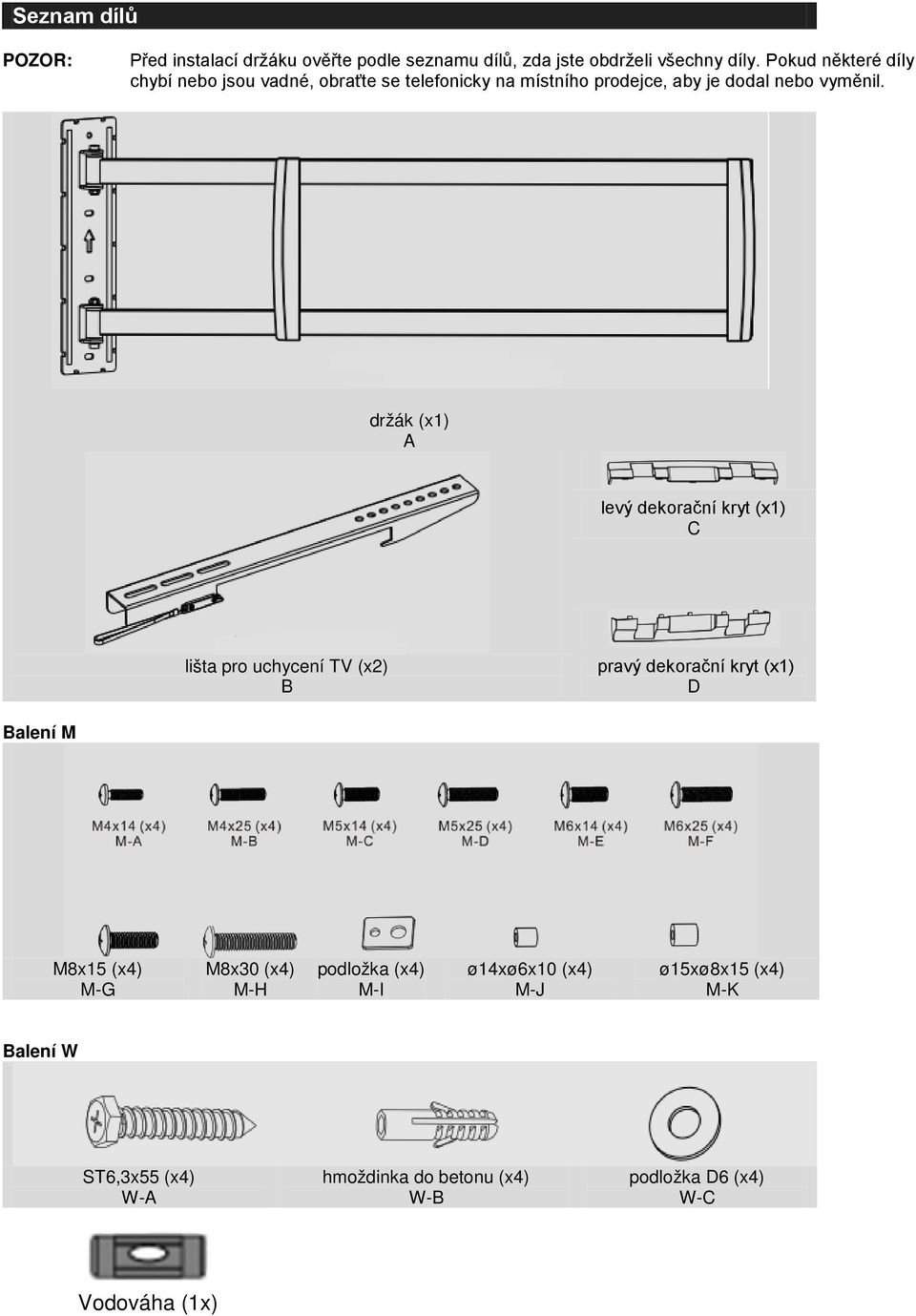 držák (x1) A levý dekorační kryt (x1) C lišta pro uchycení TV (x2) B pravý dekorační kryt (x1) D Balení M M8x15 (x4) M-G