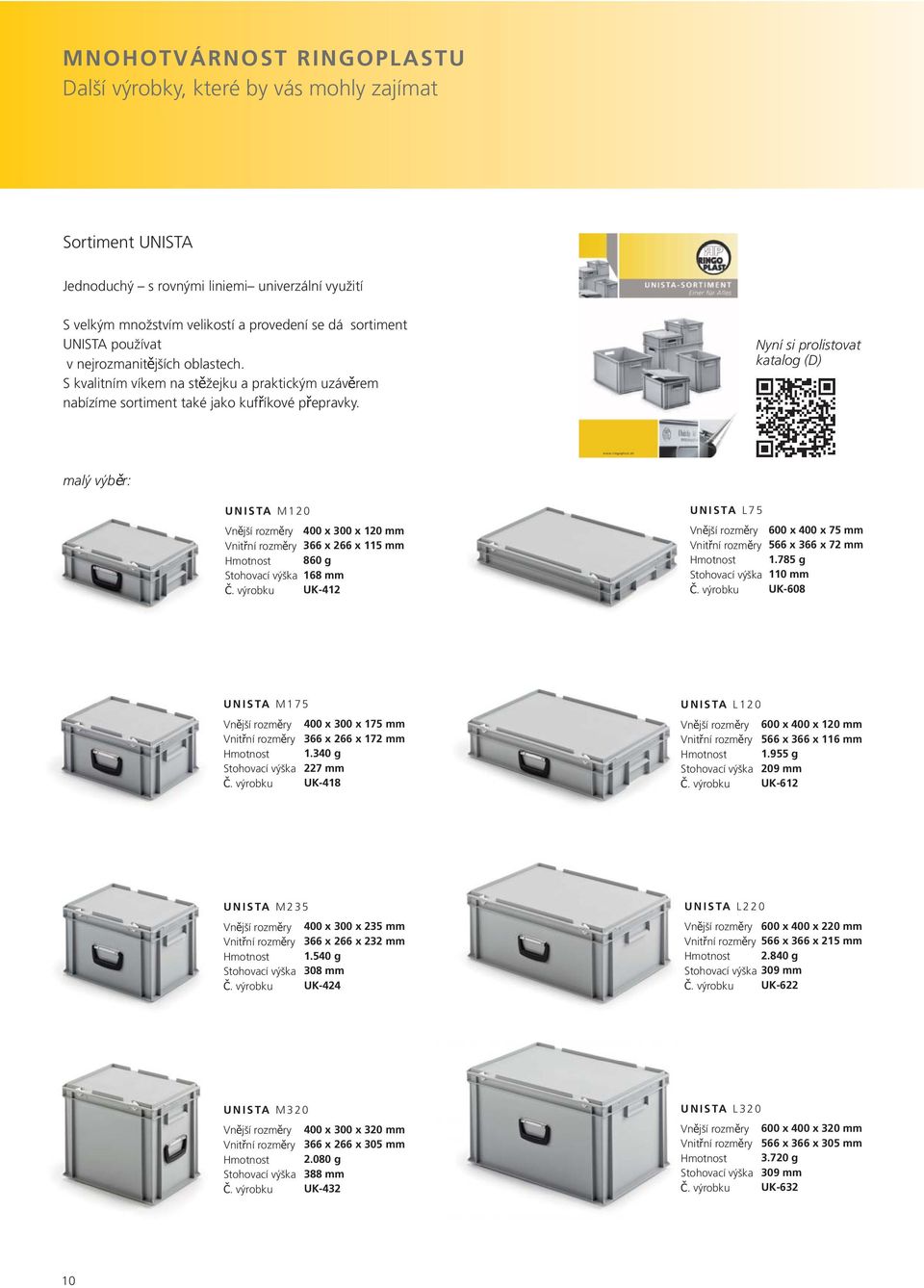 Nyní si prolistovat katalog (D) malý výběr: UNISTA M120 400 x 300 x 120 mm 366 x 266 x 115 mm 860 g 168 mm UK-412 UNISTA L75 600 x 400 x 75 mm 566 x 366 x 72 mm 1.