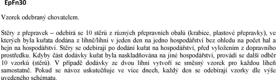 jedno hospodářství bez ohledu na počet hal a hejn na hospodářství. Stěry se odebírají po dodání kuřat na hospodářství, před vyložením z dopravního prostředku.