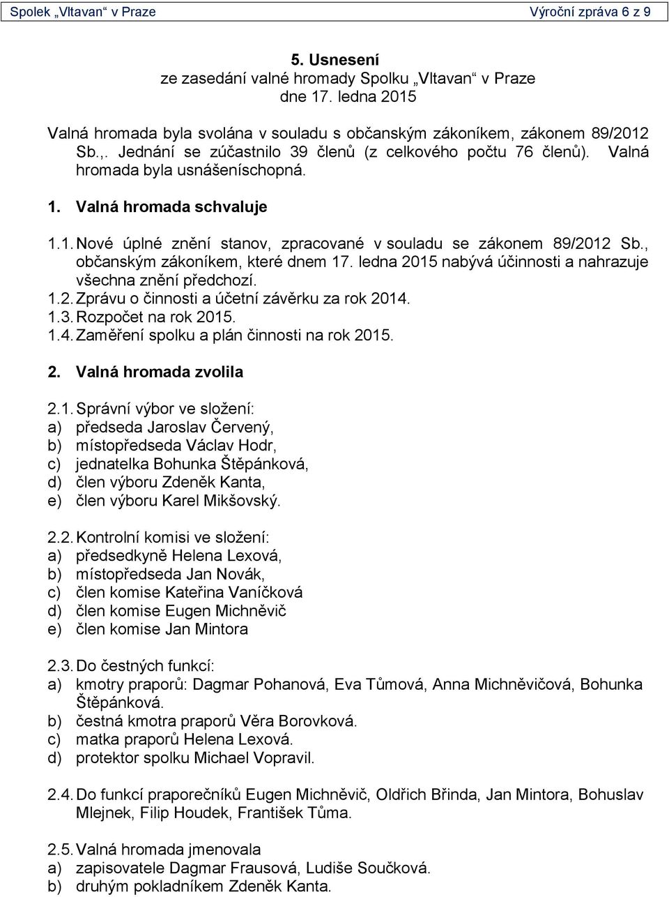 Valná hromada schvaluje 1.1. Nové úplné znění stanov, zpracované v souladu se zákonem 89/2012 Sb., občanským zákoníkem, které dnem 17. ledna 2015 nabývá účinnosti a nahrazuje všechna znění předchozí.