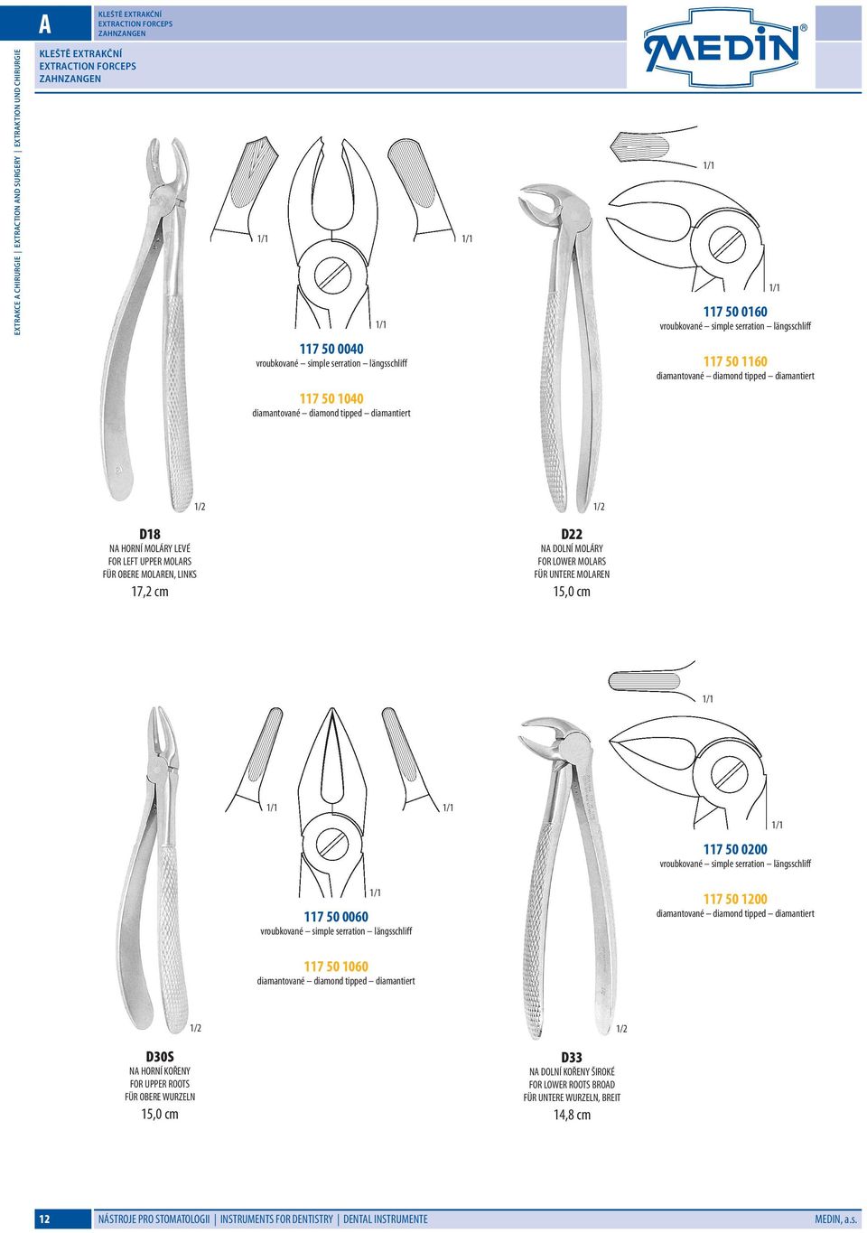 MOLÁRY LEVÉ FOR LEFT UPPER MOLARS FÜR OBERE MOLAREN, LINKS 17,2 cm D22 NA DOLNÍ MOLÁRY FOR LOWER MOLARS FÜR UNTERE MOLAREN 15,0 cm 117 50 0060 vroubkované simple serration längsschliff 117 50 1060