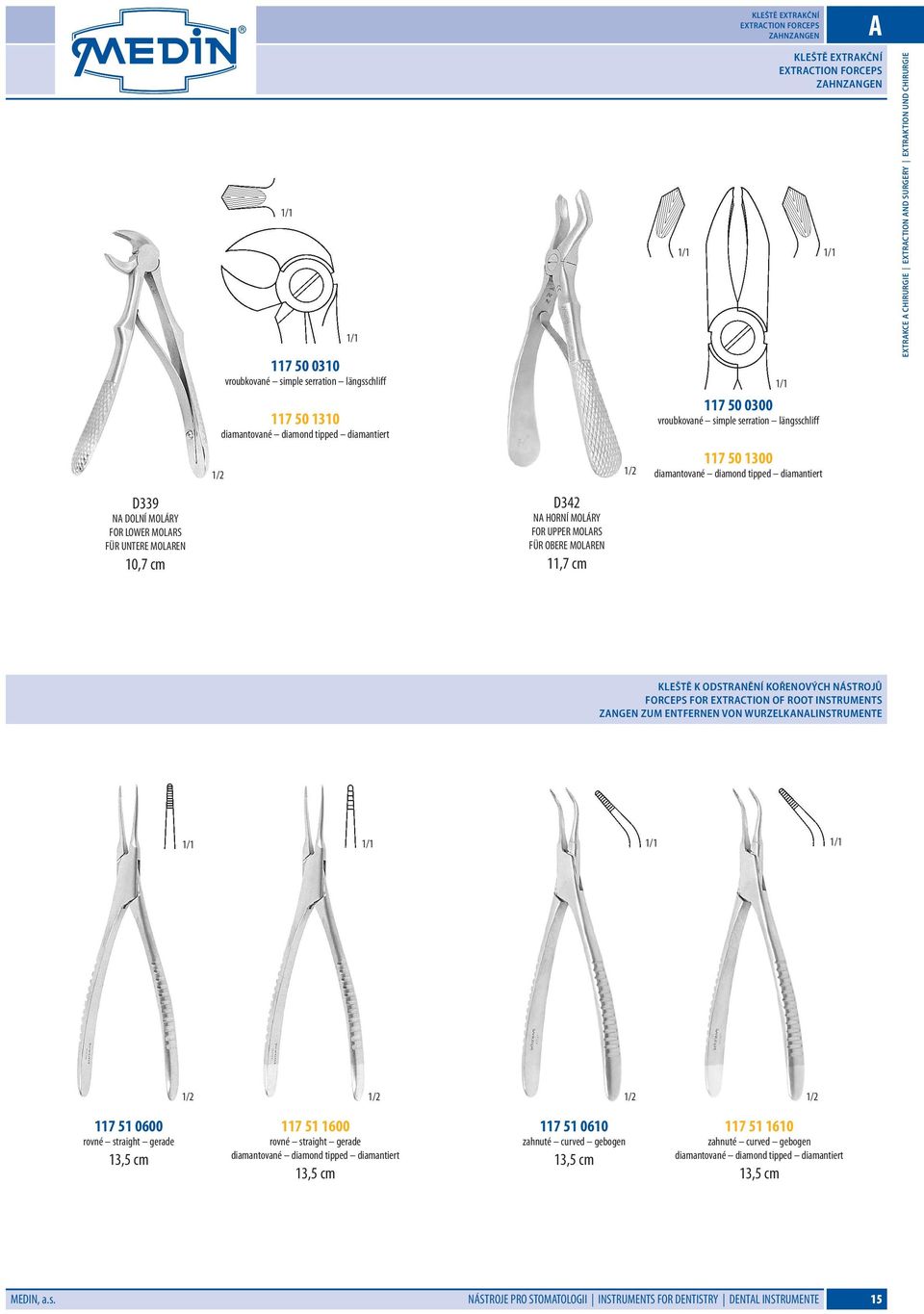 MOLÁRY FOR LOWER MOLARS FÜR UNTERE MOLAREN 10,7 cm D342 NA HORNÍ MOLÁRY FOR UPPER MOLARS FÜR OBERE MOLAREN 11,7 cm Kleště k odstranění kořenových nástrojů Forceps for Extraction of Root Instruments