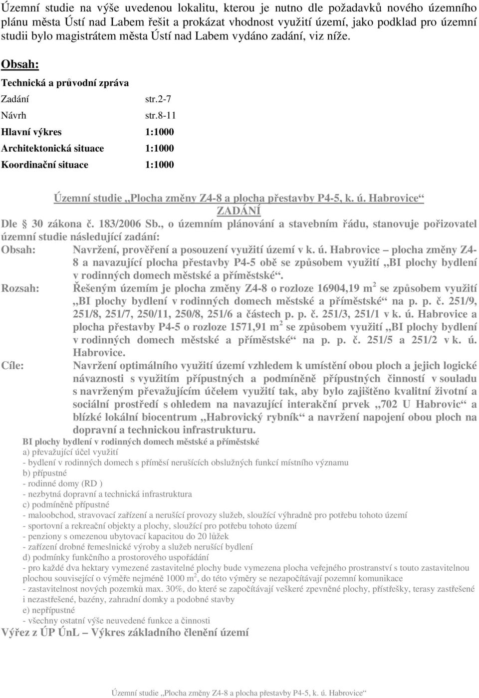 8-11 Hlavní výkres 1:1000 Architektonická situace 1:1000 Koordinační situace 1:1000 ZADÁNÍ Dle 30 zákona č. 183/2006 Sb.