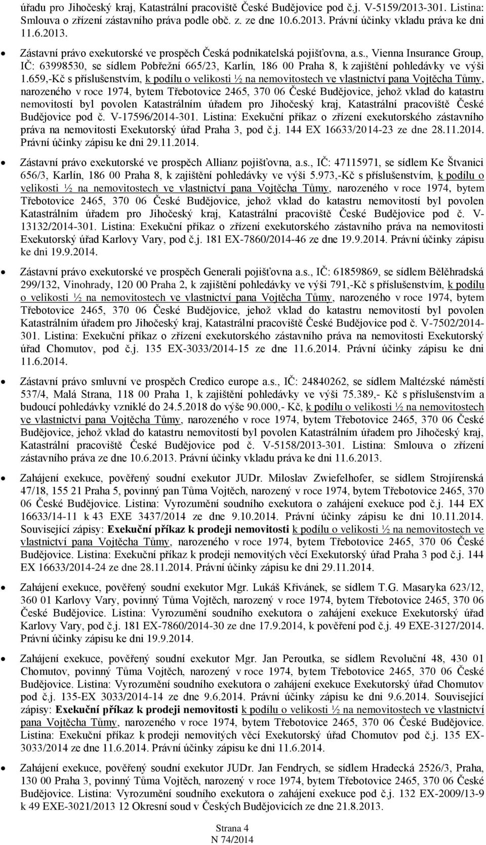 659,-Kč s příslušenstvím, k podílu o velikosti ½ na nemovitostech ve vlastnictví pana Vojtěcha Tůmy, narozeného v roce 1974, bytem Třebotovice 2465, 370 06 České Budějovice, jehož vklad do katastru