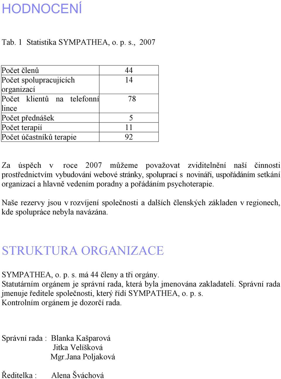 zviditelnění naší činnosti prostřednictvím vybudování webové stránky, spoluprací s novináři, uspořádáním setkání organizací a hlavně vedením poradny a pořádáním psychoterapie.