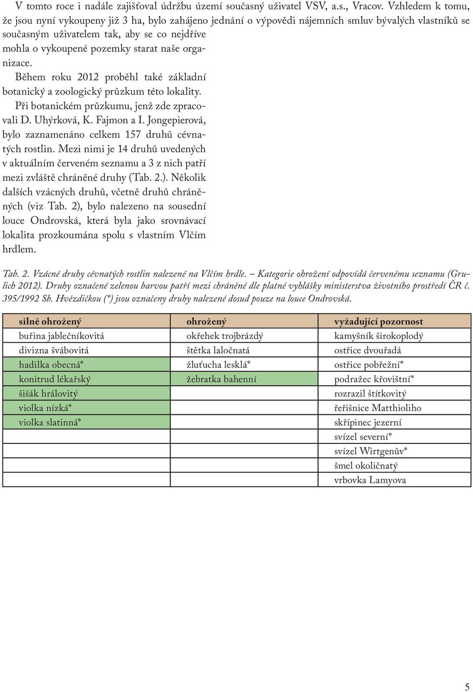 naše organizace. Během roku 2012 proběhl také základní botanický a zoologický průzkum této lokality. Při botanickém průzkumu, jenž zde zpracovali D. Uhýrková, K. Fajmon a I.