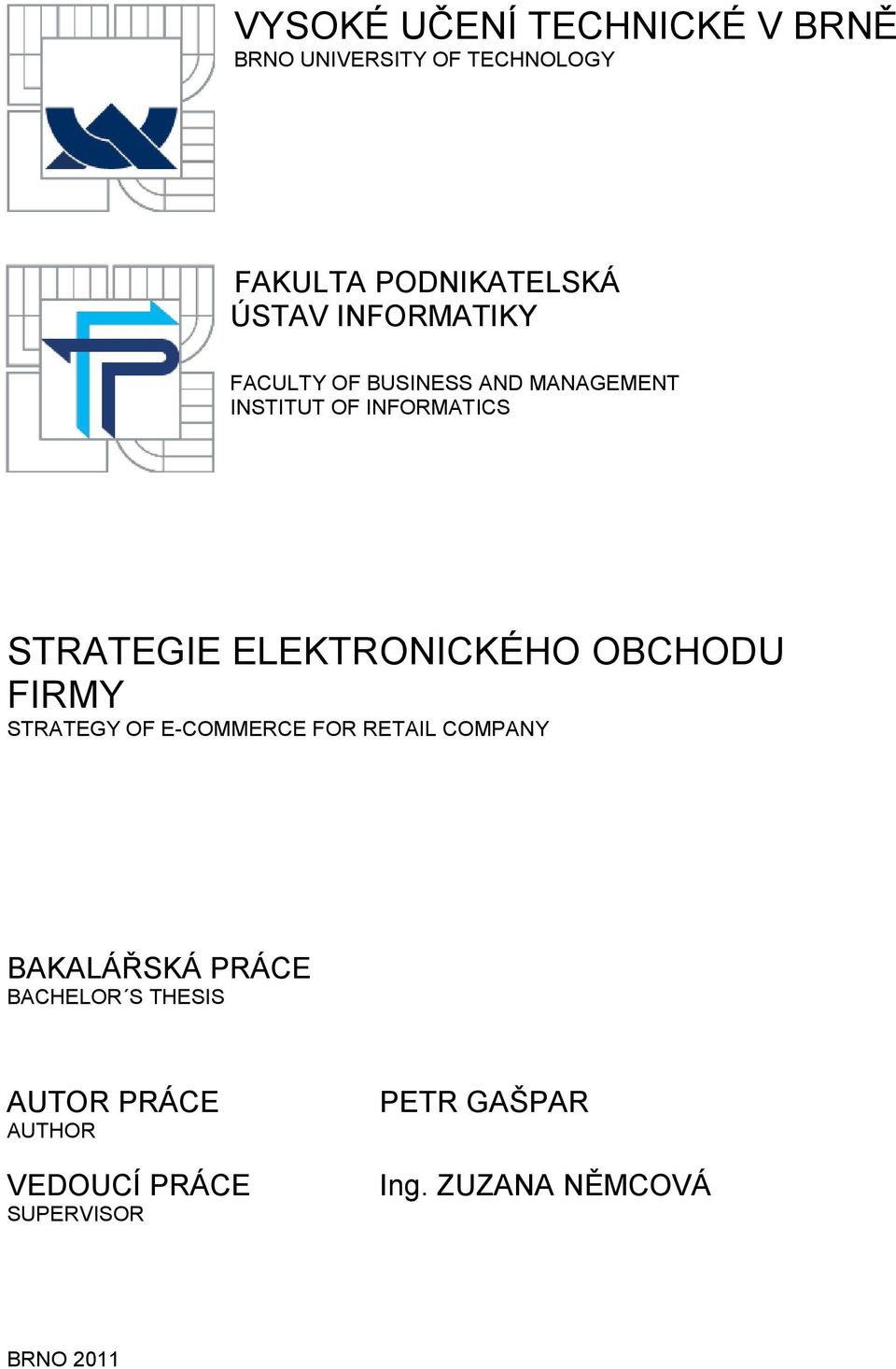 ELEKTRONICKÉHO OBCHODU FIRMY STRATEGY OF E-COMMERCE FOR RETAIL COMPANY BAKALÁŘSKÁ PRÁCE