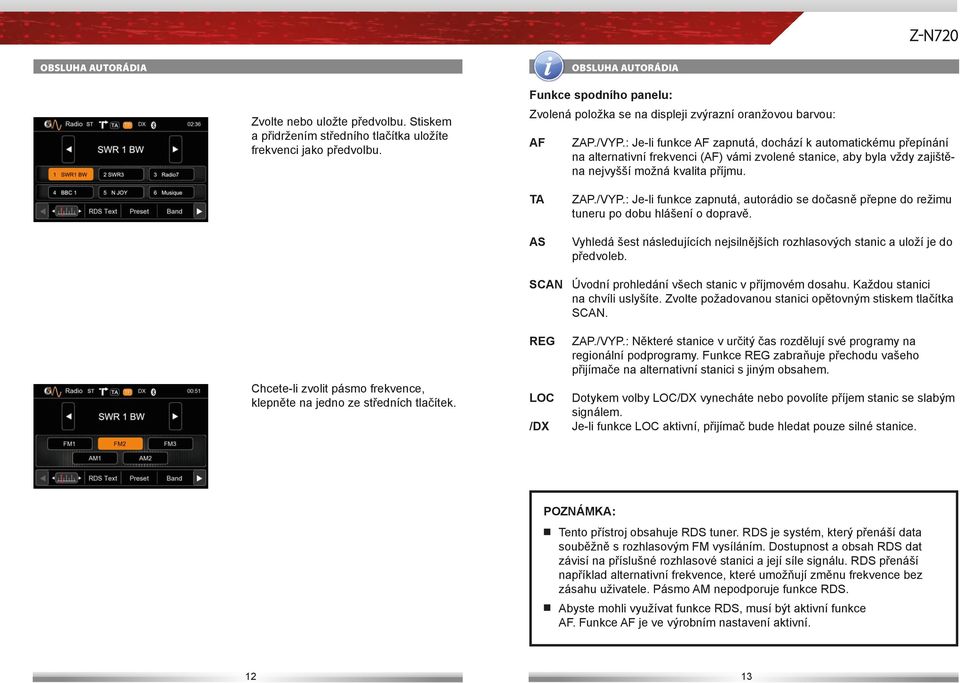 : Je-li funkce AF zapnutá, dochází k automatickému přepínání na alternativní frekvenci (AF) vámi zvolené stanice, aby byla vždy zajištěna nejvyšší možná kvalita příjmu. TA AS ZAP./VYP.
